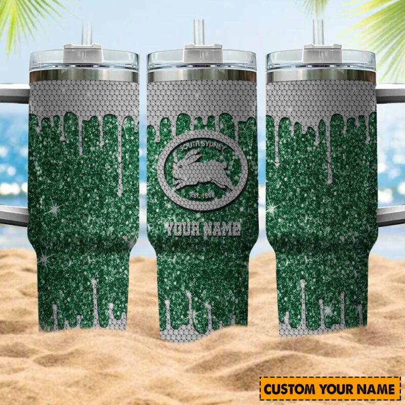 South Sydney Rabbitohs NRL Sports Glitter Custom Stanley Quencher 40oz Stainless Steel Tumbler With Handle - Threewoofs - Image 4