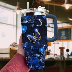 Sparkling Night Butterfly Custom Stanley Quencher 40oz Stainless Steel Tumbler With Handle - Threewoofs