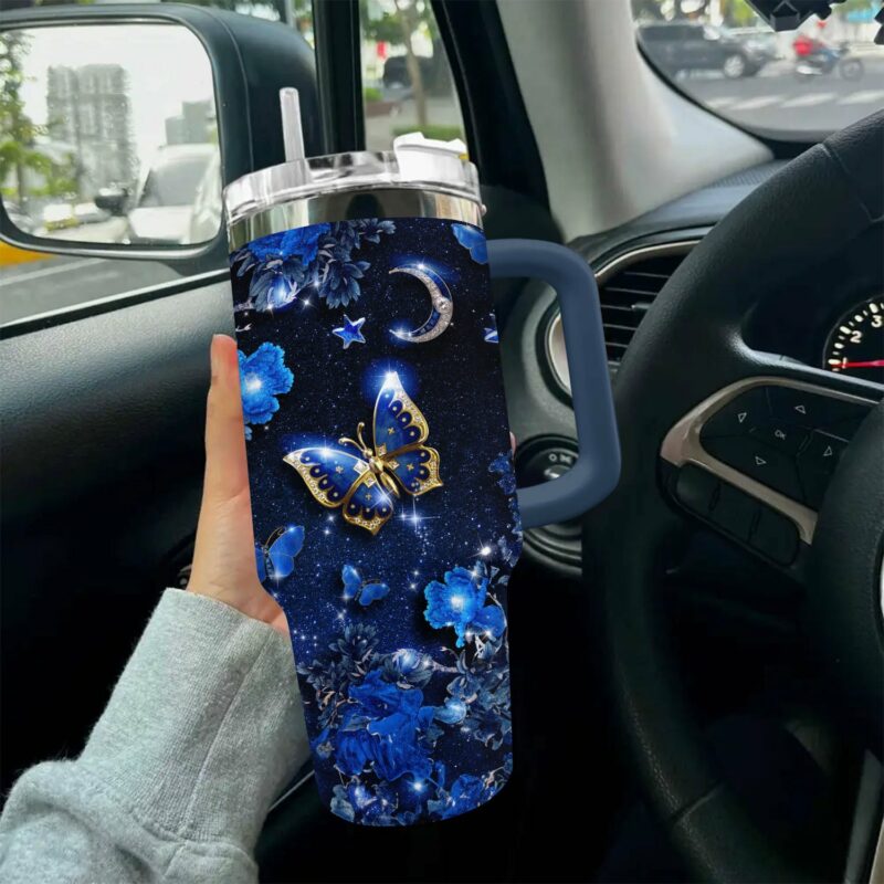 Sparkling Night Butterfly Custom Stanley Quencher 40oz Stainless Steel Tumbler With Handle - Threewoofs - Image 2