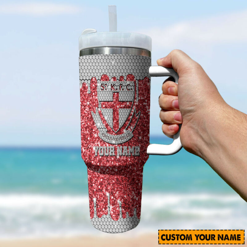 St Kilda Saints AFL Sports Glitter Custom Stanley Quencher 40oz Stainless Steel Tumbler With Handle - Threewoofs - Image 3