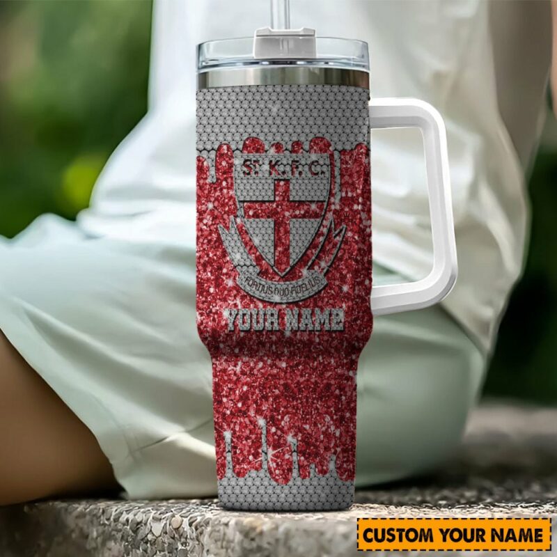 St Kilda Saints AFL Sports Glitter Custom Stanley Quencher 40oz Stainless Steel Tumbler With Handle - Threewoofs