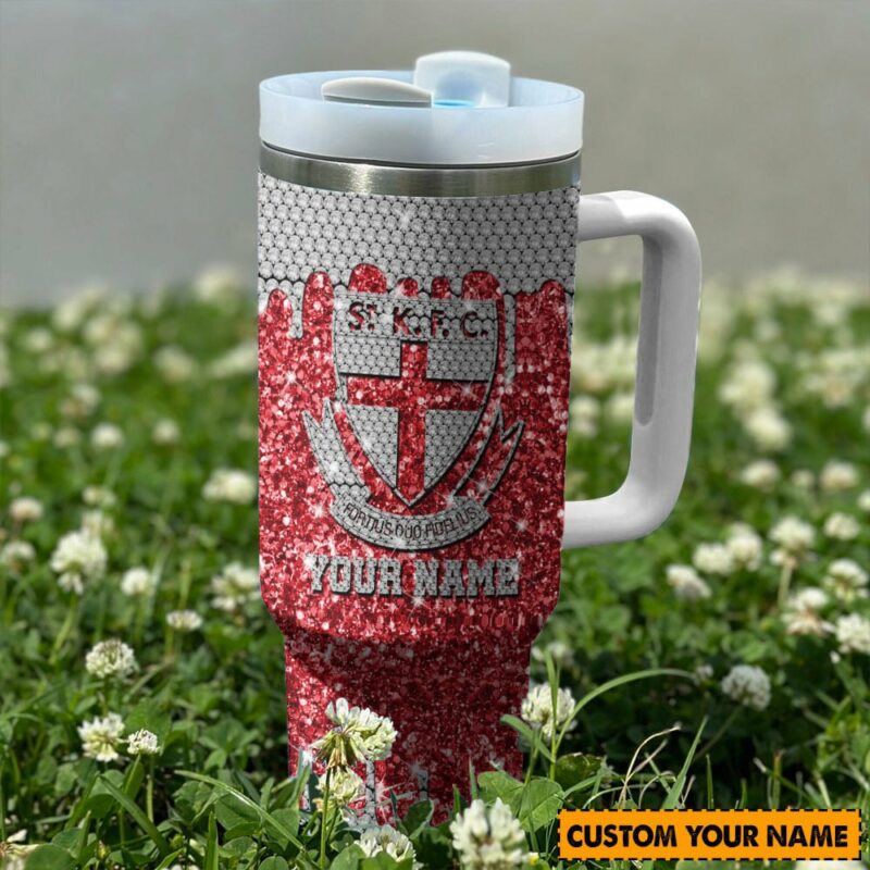 St Kilda Saints AFL Sports Glitter Custom Stanley Quencher 40oz Stainless Steel Tumbler With Handle - Threewoofs - Image 2