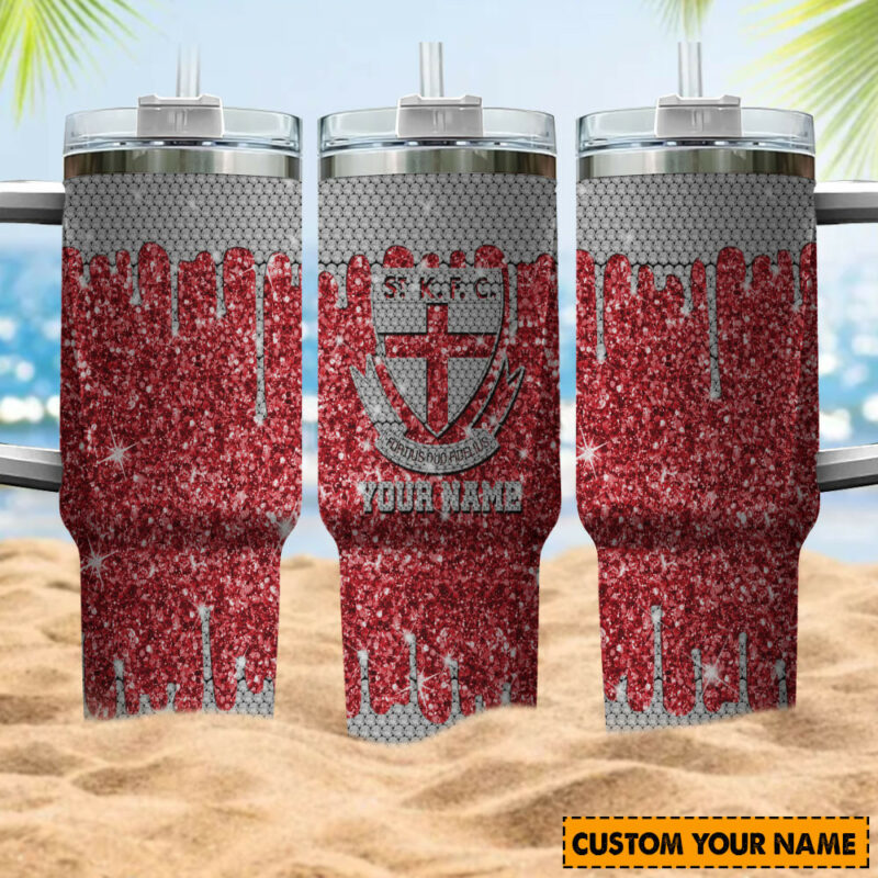 St Kilda Saints AFL Sports Glitter Custom Stanley Quencher 40oz Stainless Steel Tumbler With Handle - Threewoofs - Image 4