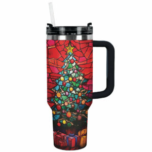 Stained Glass Christmas Tree Custom Stanley Quencher 40oz Stainless Steel Tumbler With Handle - Threewoofs