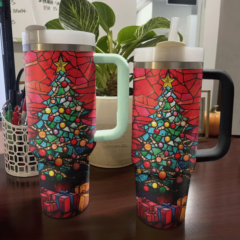 Stained Glass Christmas Tree Custom Stanley Quencher 40oz Stainless Steel Tumbler With Handle - Threewoofs - Image 3