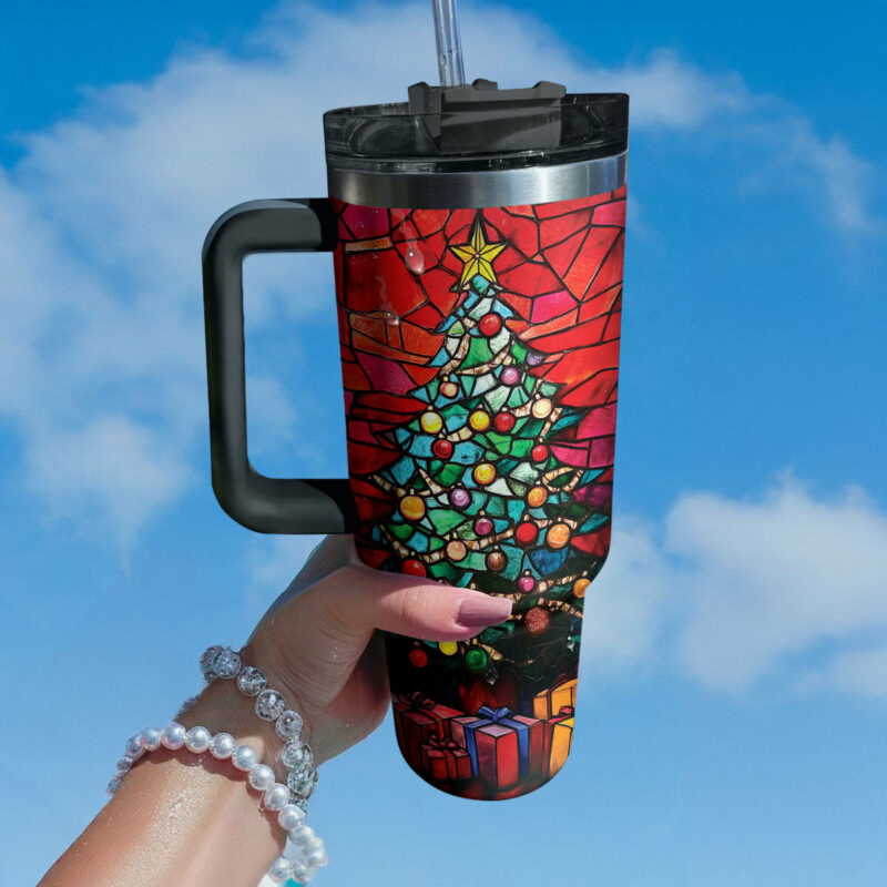 Stained Glass Christmas Tree Custom Stanley Quencher 40oz Stainless Steel Tumbler With Handle - Threewoofs - Image 2