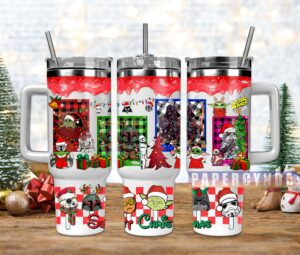 Festive Sci-Fi Characters Christmas Tumbler with Lid & Straw - Perfect Gift!