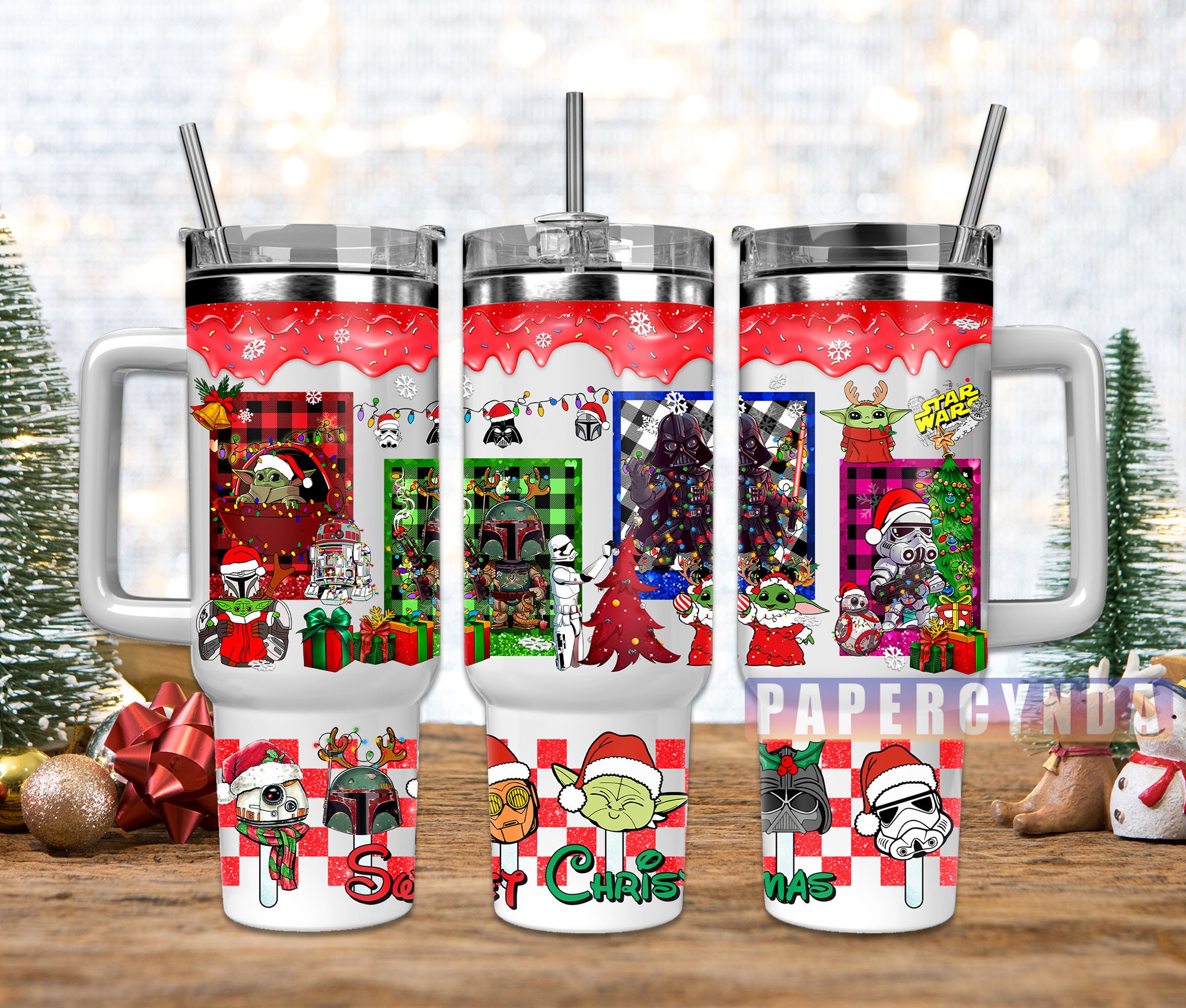 Festive Sci-Fi Characters Christmas Tumbler with Lid & Straw - Perfect Gift!