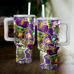 Mardi Gras Themed Tumbler with Handle - Cute Alien Design