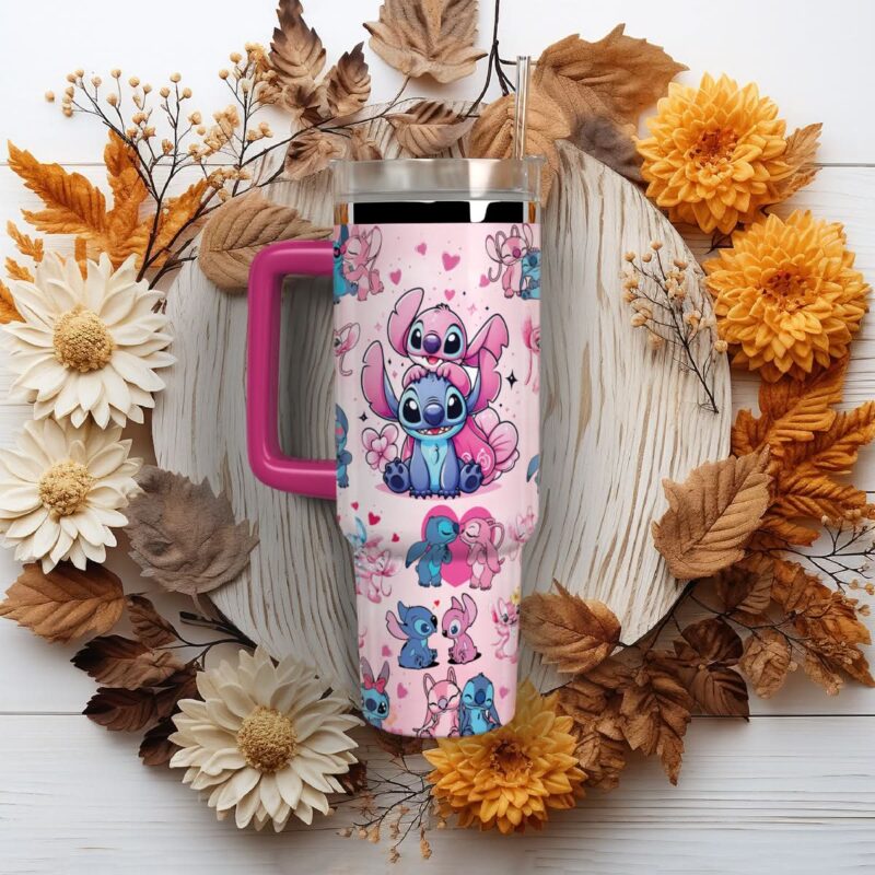 Stitch And Angel Cartoon Custom Stanley Quencher 40oz Stainless Steel Tumbler With Handle - Threewoofs - Image 4