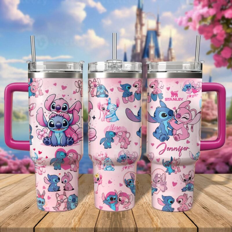 Stitch And Angel Cartoon Custom Stanley Quencher 40oz Stainless Steel Tumbler With Handle - Threewoofs - Image 2