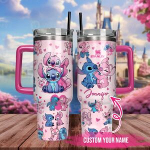 Stitch And Angel Cartoon Custom Stanley Quencher 40oz Stainless Steel Tumbler With Handle - Threewoofs