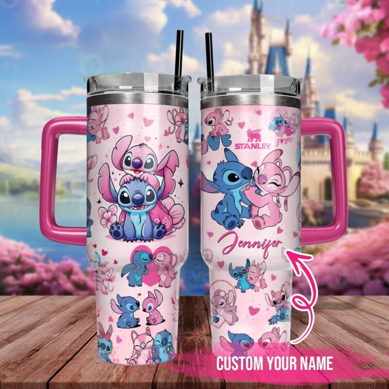 Stitch And Angel Cartoon Custom Stanley Quencher 40oz Stainless Steel Tumbler With Handle - Threewoofs
