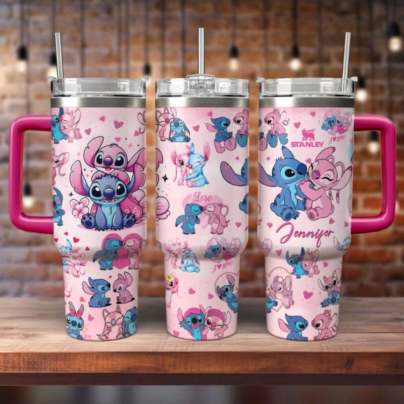 Stitch And Angel Cartoon Custom Stanley Quencher 40oz Stainless Steel Tumbler With Handle - Threewoofs - Image 3