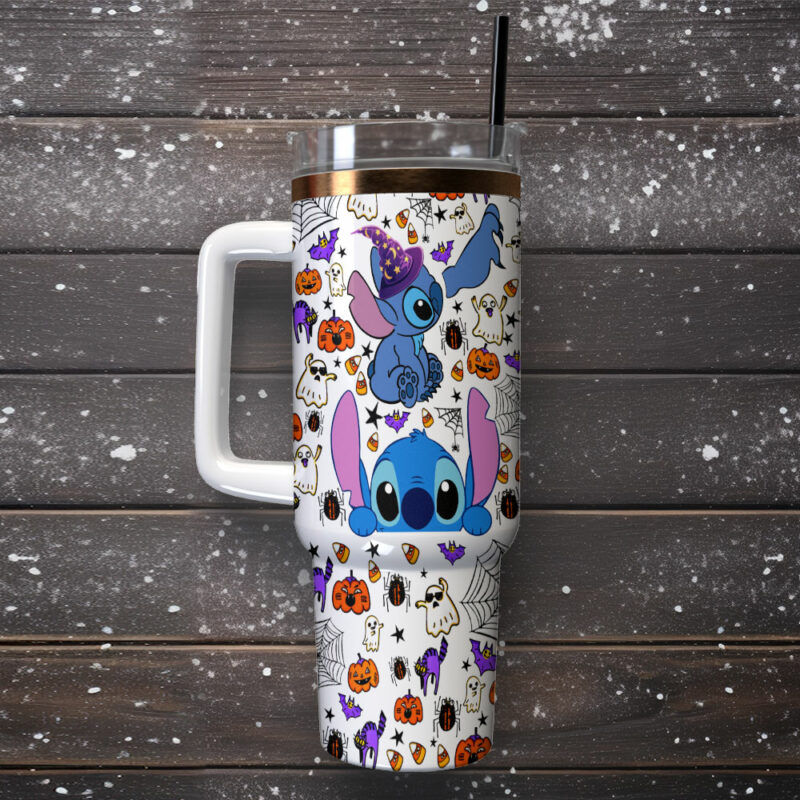 Stitch and Angel Cartoon Custom Stanley Quencher 40oz Stainless Steel Tumbler With Handle - Threewoofs - Image 2