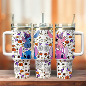 Stitch and Angel Cartoon Custom Stanley Quencher 40oz Stainless Steel Tumbler With Handle - Threewoofs