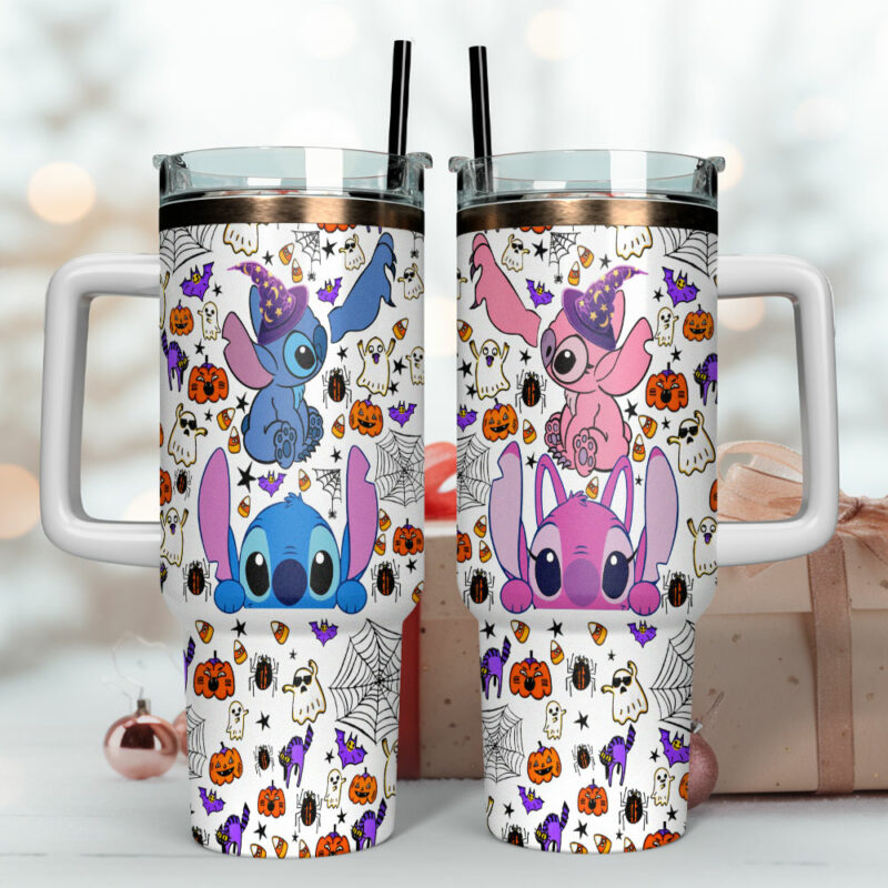 Stitch and Angel Cartoon Custom Stanley Quencher 40oz Stainless Steel Tumbler With Handle - Threewoofs - Image 4