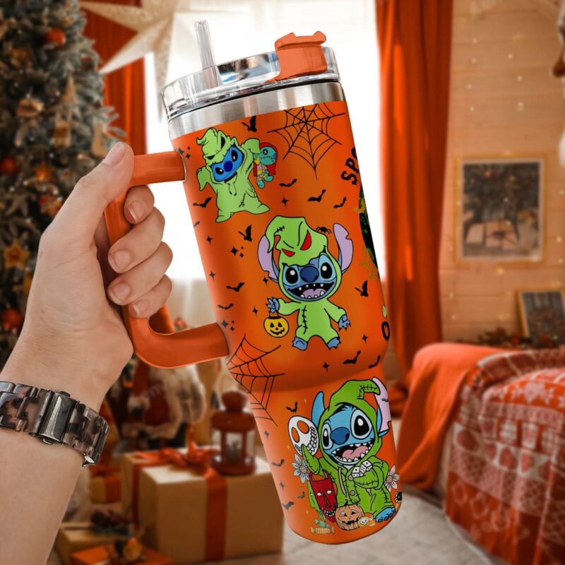 Stitch And The Nightmare Before Christmas Movies Custom Stanley Quencher 40oz Stainless Steel Tumbler With Handle - Threewoofs - Image 2