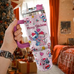 Stitch Cartoon Christmas Custom Stanley Quencher 40oz Stainless Steel Tumbler With Handle - Threewoofs