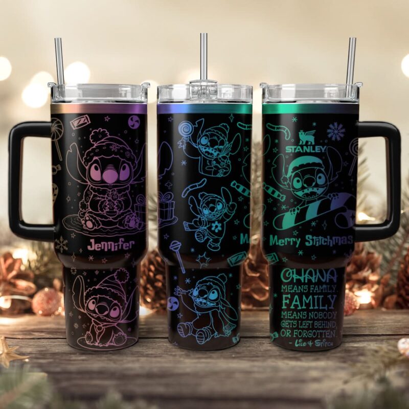 Stitch Cartoon Christmas Custom Stanley Quencher 40oz Stainless Steel Tumbler With Handle - Threewoofs