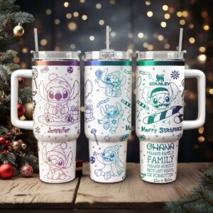Stitch Cartoon Christmas Custom Stanley Quencher 40oz Stainless Steel Tumbler With Handle - Threewoofs