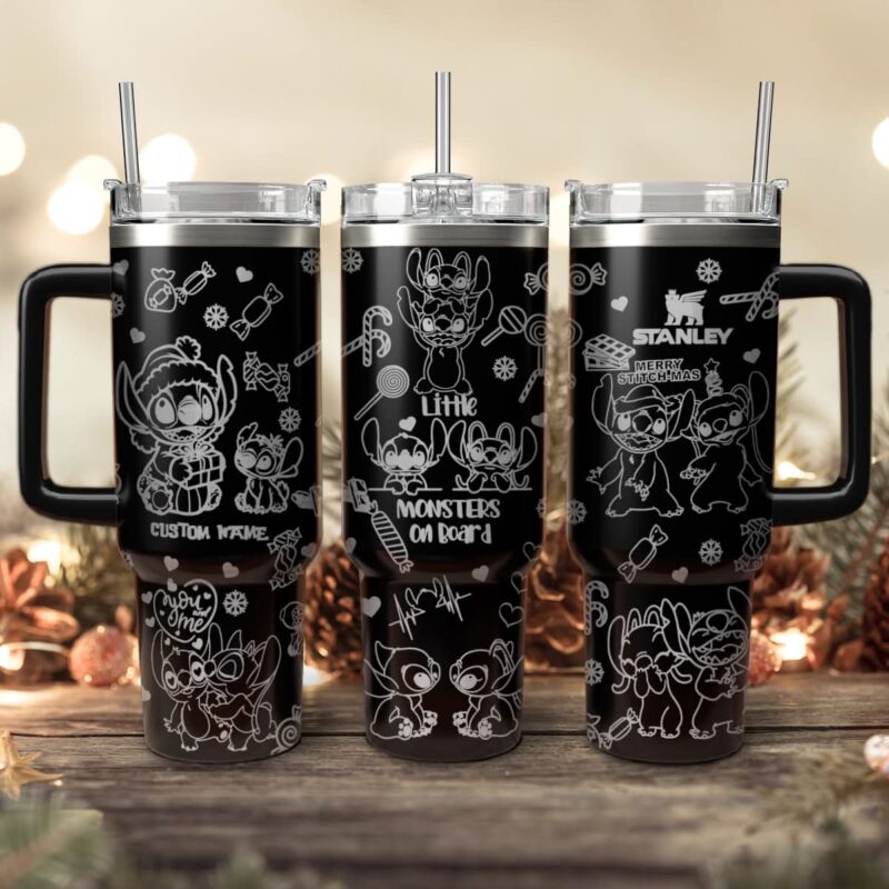 Stitch Cartoon Christmas Custom Stanley Quencher 40oz Stainless Steel Tumbler With Handle - Threewoofs