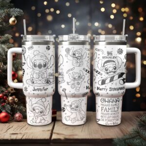 Stitch Cartoon Christmas Custom Stanley Quencher 40oz Stainless Steel Tumbler With Handle - Threewoofs