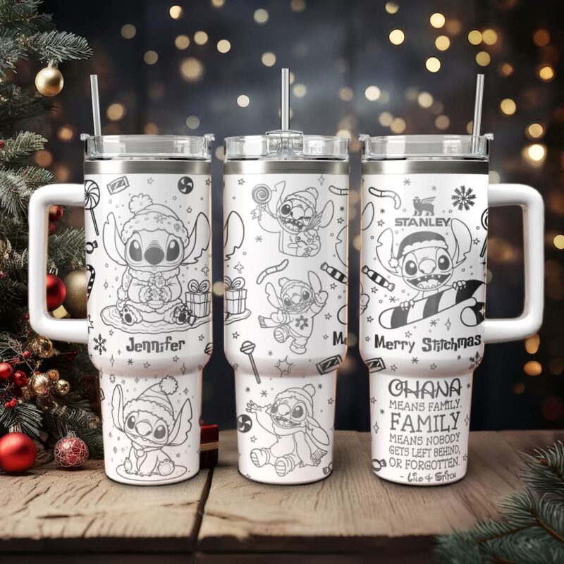 Stitch Cartoon Christmas Custom Stanley Quencher 40oz Stainless Steel Tumbler With Handle - Threewoofs