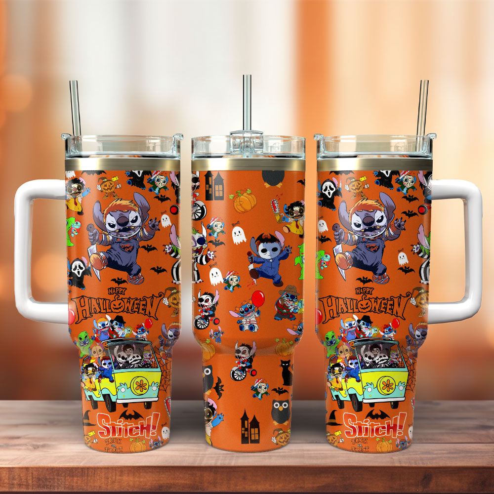 Halloween Stitch Tumbler - Spooky & Fun Design with Handle and Straw