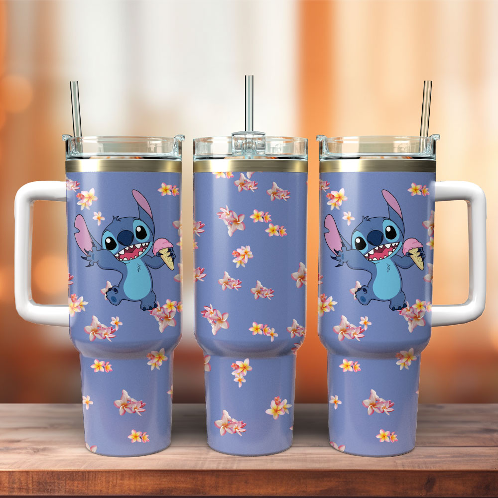Cute Cartoon Character Tumbler with Handle & Straw - Fun Floral Design