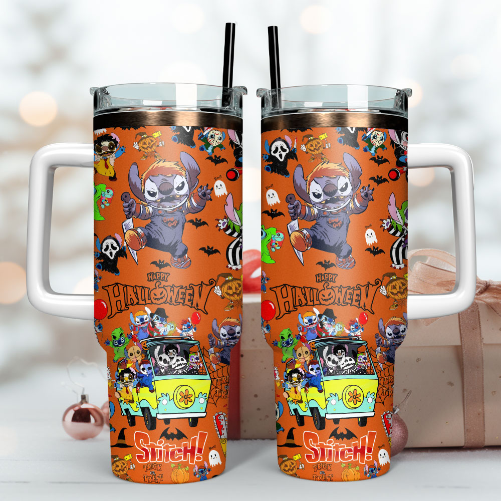 Halloween Stitch Tumbler - Spooky & Fun Design with Handle and Straw - Image 3