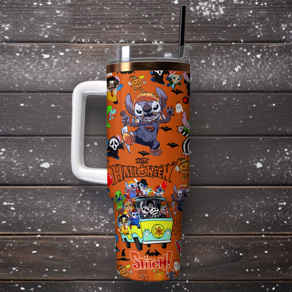Halloween Stitch Tumbler - Spooky & Fun Design with Handle and Straw - Image 4