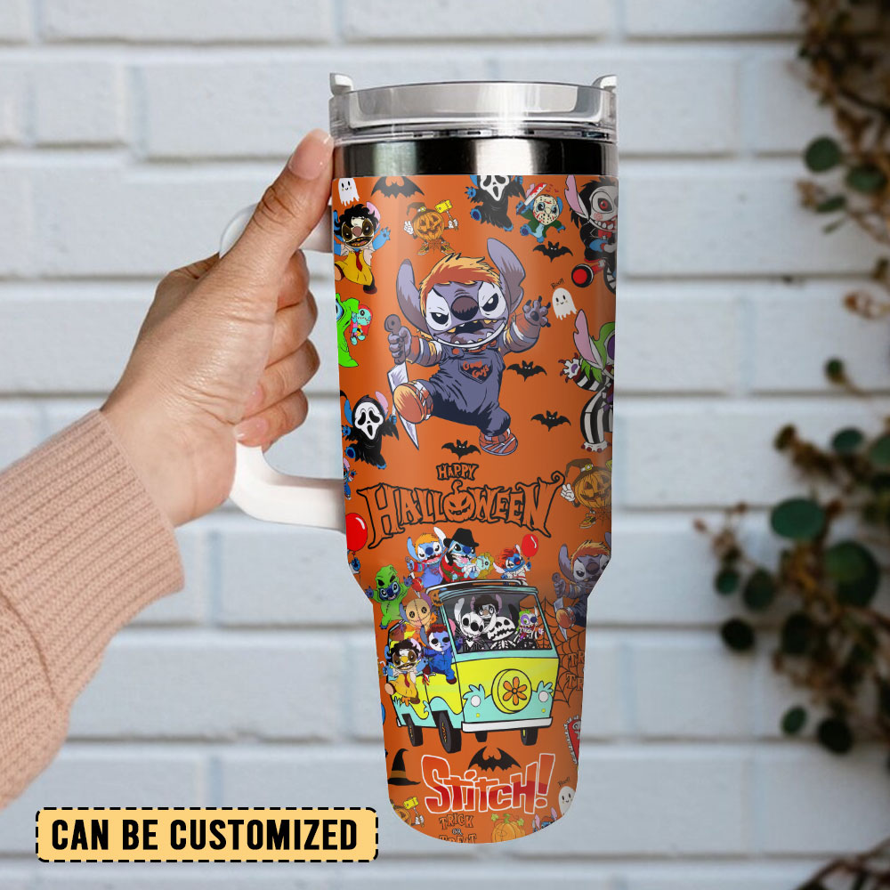 Halloween Stitch Tumbler - Spooky & Fun Design with Handle and Straw - Image 2