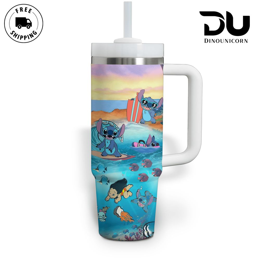 Lilo & Stitch Surf Adventure Tumbler - 40oz Stainless Steel Travel Mug with Handle - Image 4