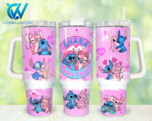 Cute Ohana Family Tumbler - Pink Cartoon Design with Handle & Straw