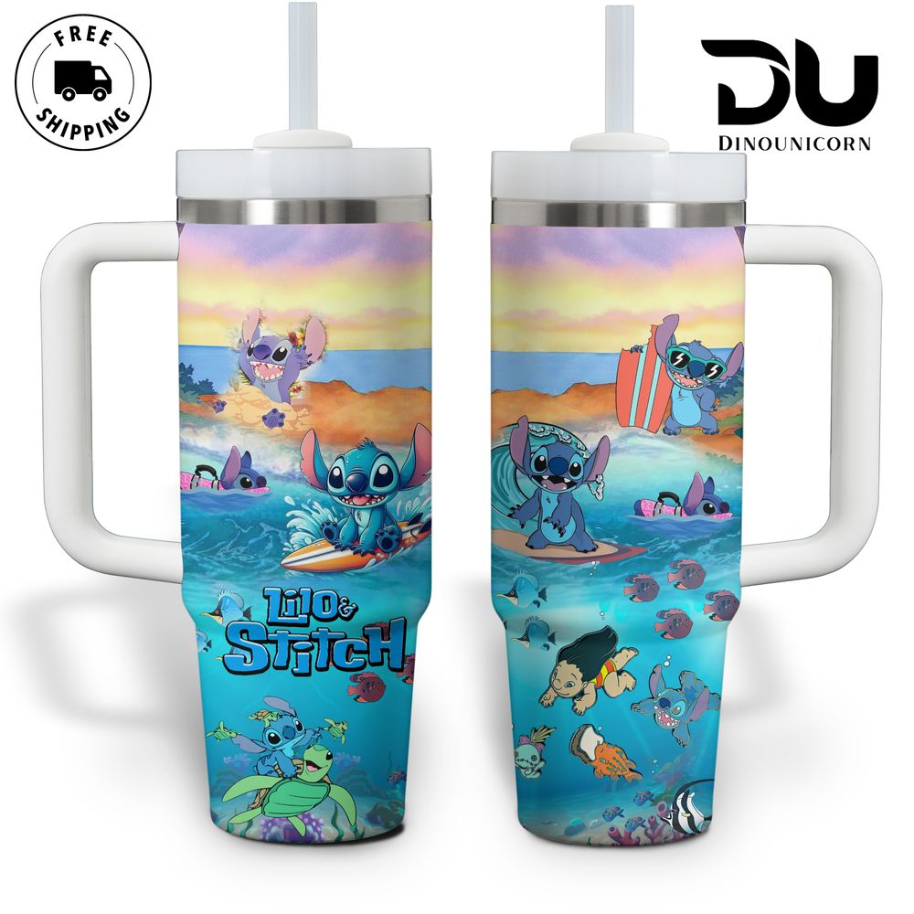 Lilo & Stitch Surf Adventure Tumbler - 40oz Stainless Steel Travel Mug with Handle - Image 3