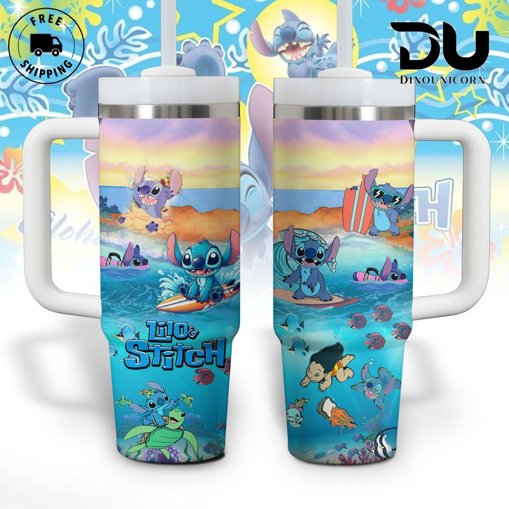 Lilo & Stitch Surf Adventure Tumbler - 40oz Stainless Steel Travel Mug with Handle