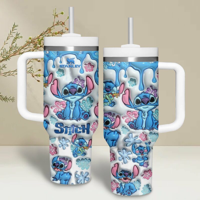 Stitch Cartoon Custom Stanley Quencher 40oz Stainless Steel Tumbler With Handle - Threewoofs - Image 3