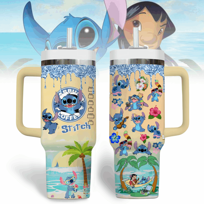 Stitch Cartoon Custom Stanley Quencher 40oz Stainless Steel Tumbler With Handle - Threewoofs