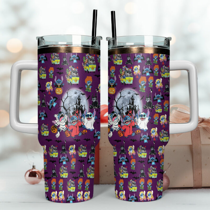 Stitch Cartoon Custom Stanley Quencher 40oz Stainless Steel Tumbler With Handle - Threewoofs - Image 4