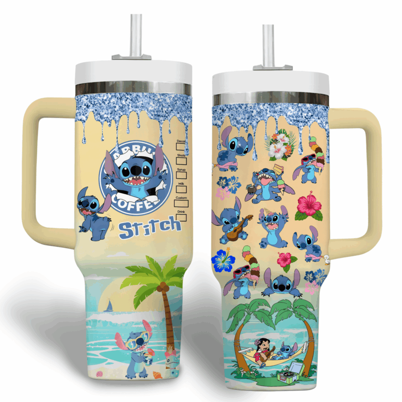 Stitch Cartoon Custom Stanley Quencher 40oz Stainless Steel Tumbler With Handle - Threewoofs - Image 2