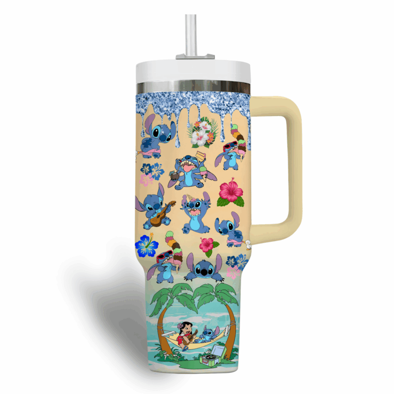 Stitch Cartoon Custom Stanley Quencher 40oz Stainless Steel Tumbler With Handle - Threewoofs - Image 3