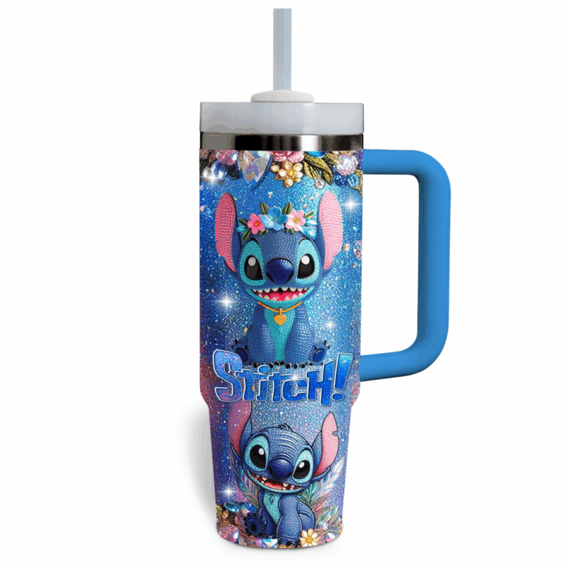 Stitch Cartoon Custom Stanley Quencher 40oz Stainless Steel Tumbler With Handle - Threewoofs - Image 3