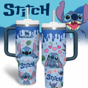 Stitch Cartoon Custom Stanley Quencher 40oz Stainless Steel Tumbler With Handle - Threewoofs