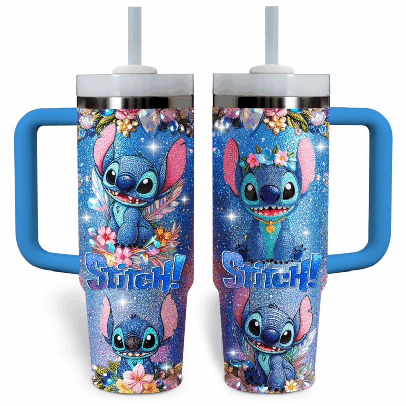 Stitch Cartoon Custom Stanley Quencher 40oz Stainless Steel Tumbler With Handle - Threewoofs - Image 4