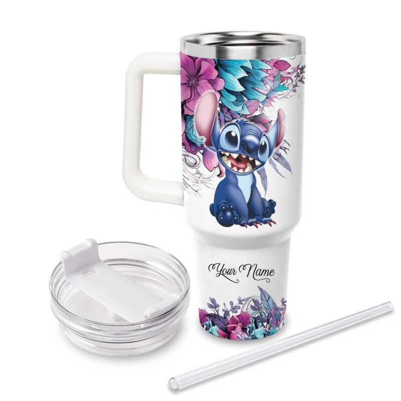 Stitch Cartoon Custom Stanley Quencher 40oz Stainless Steel Tumbler With Handle - Threewoofs - Image 2