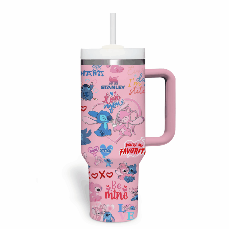 Stitch Cartoon Custom Stanley Quencher 40oz Stainless Steel Tumbler With Handle - Threewoofs - Image 2