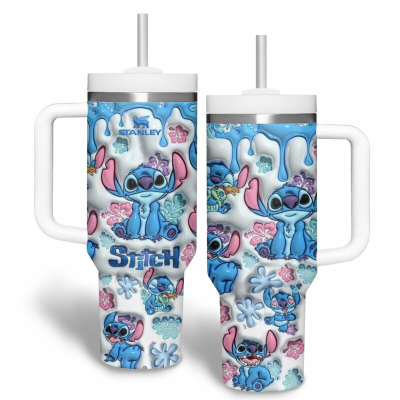Stitch Cartoon Custom Stanley Quencher 40oz Stainless Steel Tumbler With Handle - Threewoofs - Image 4