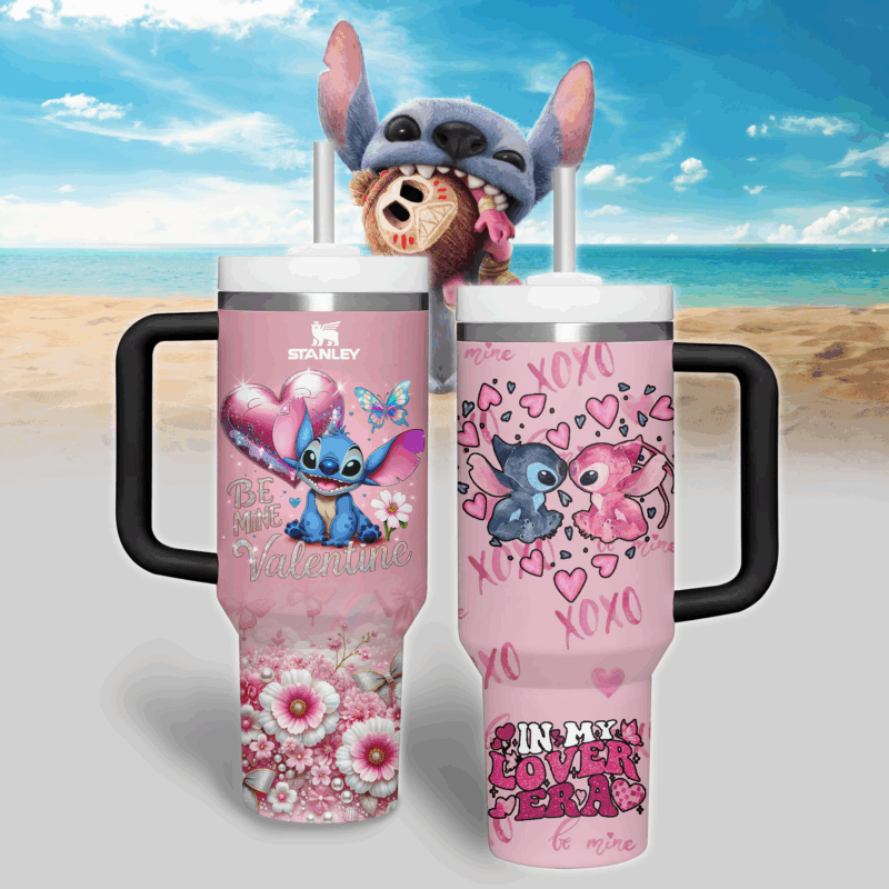 Stitch Cartoon Custom Stanley Quencher 40oz Stainless Steel Tumbler With Handle - Threewoofs