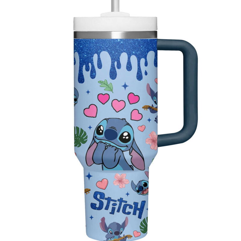Stitch Cartoon Custom Stanley Quencher 40oz Stainless Steel Tumbler With Handle - Threewoofs - Image 4